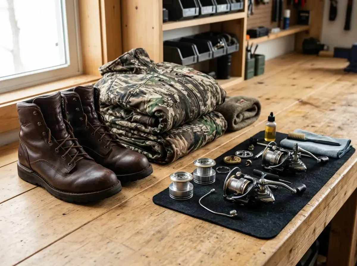 Cleaned hunting boots, folded camo clothing, and disassembled fishing reels arranged on a wooden workbench for storage.