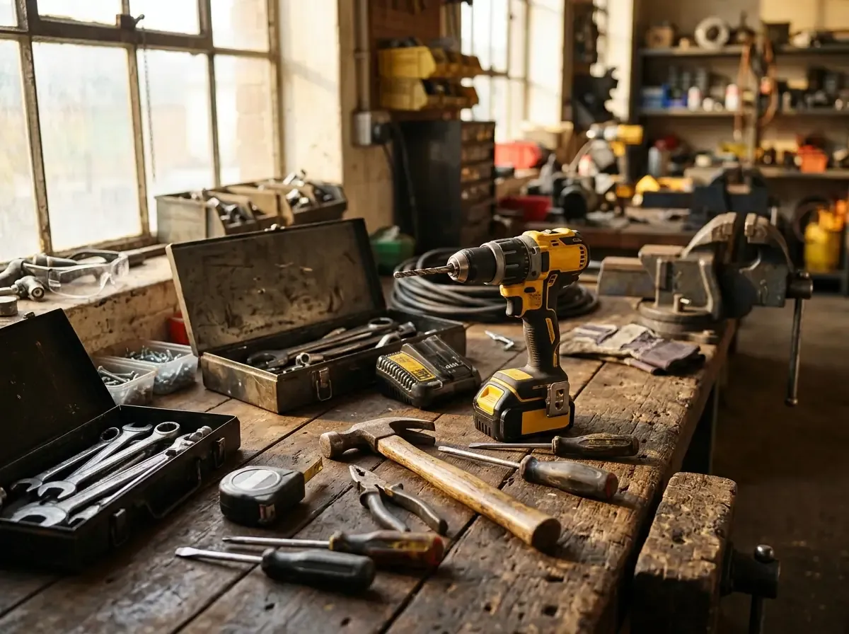 Hand tools and power drills rest on a weathered workbench glowing in warm afternoon sunlight.