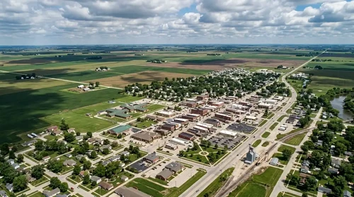 Aerial view of a small Midwest town nestled among vast flat farmlands under a dramatic cloudy sky.