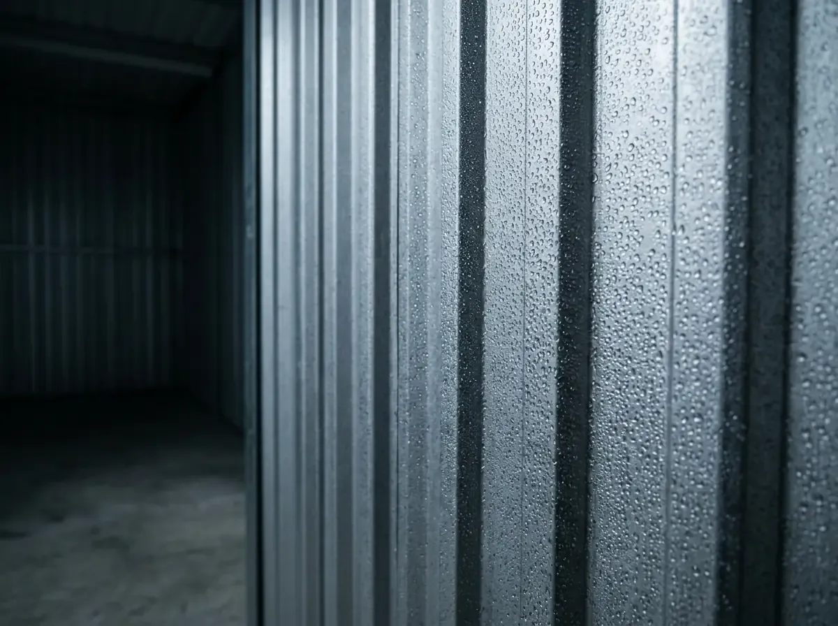 Tiny silver water droplets cling to a dark corrugated metal storage unit wall, showing condensation buildup.