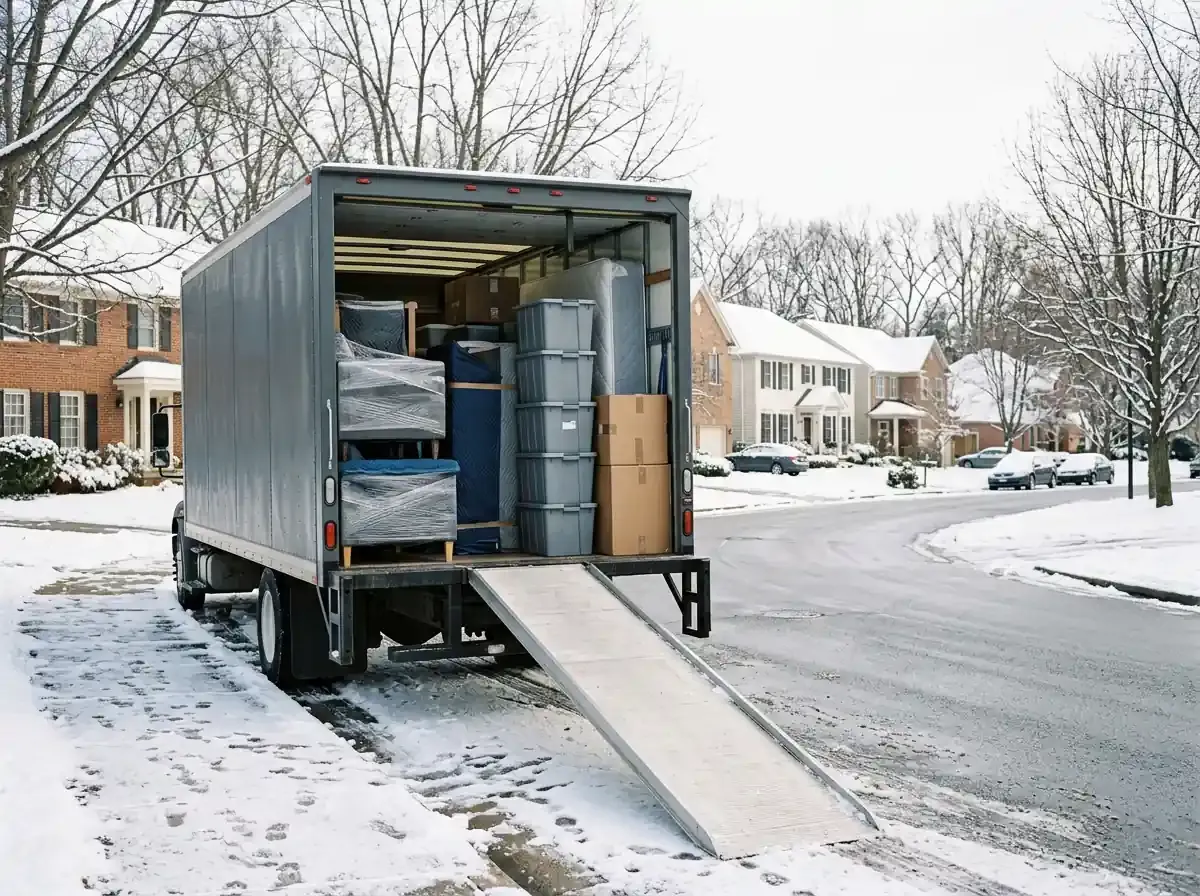 A moving truck with open rear doors reveals wrapped furniture and sealed bins on a snow-dusted winter street.