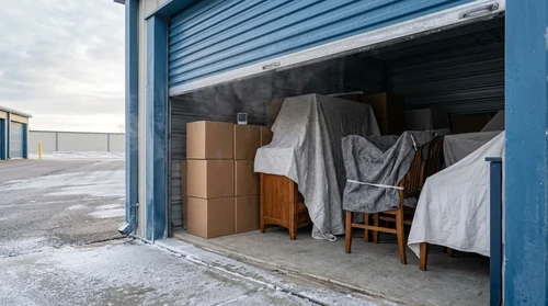 A frost-covered storage unit door stands half-open, revealing boxed goods and cloth-draped furniture in cold winter air.