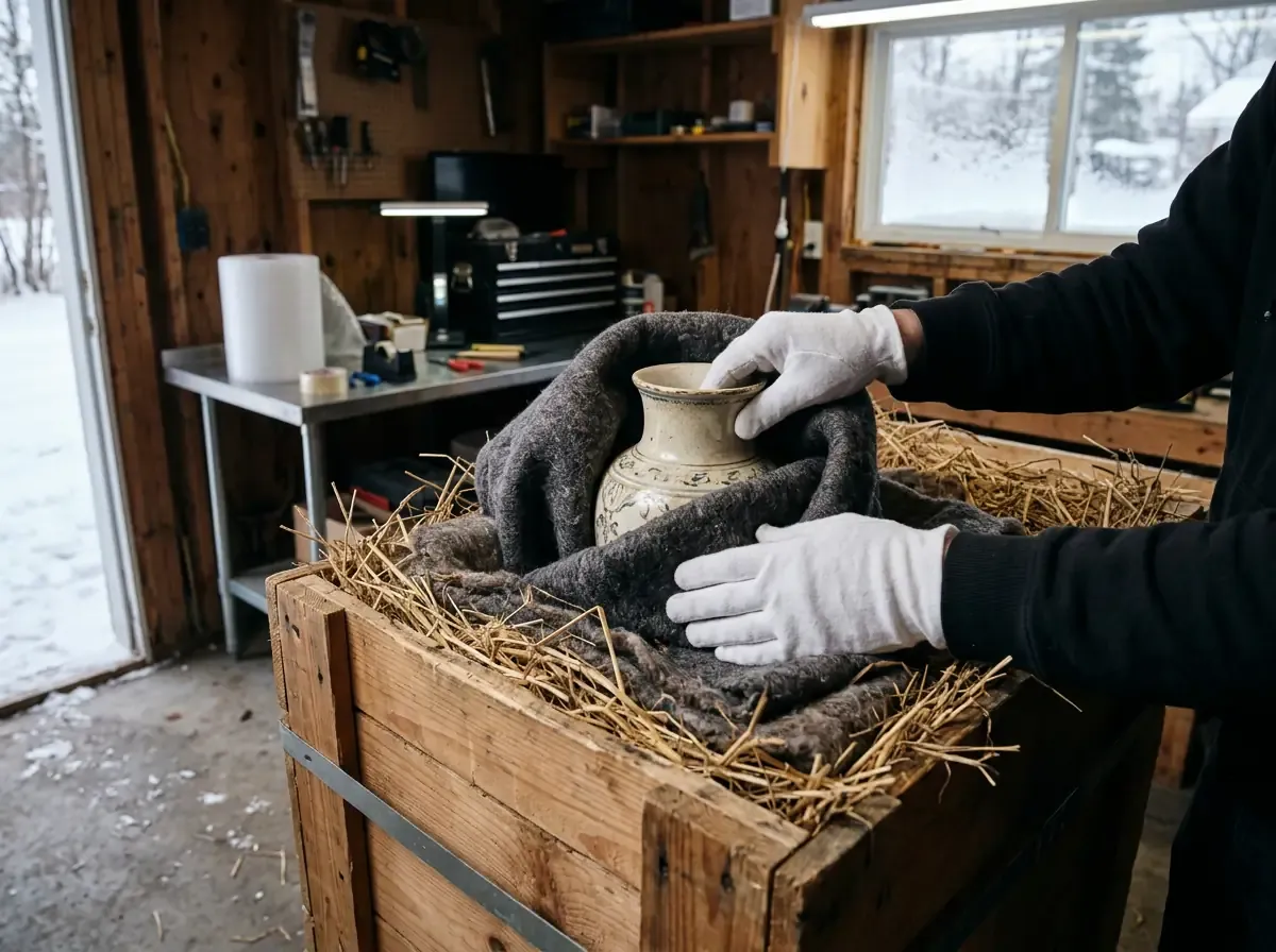 Gloved hands wrap a ceramic vase in wool blankets inside a straw-padded wooden crate in a cold garage.