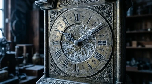 Frost crystals spread across a vintage brass clock face, coating ornate hands and numerals in delicate ice formations.