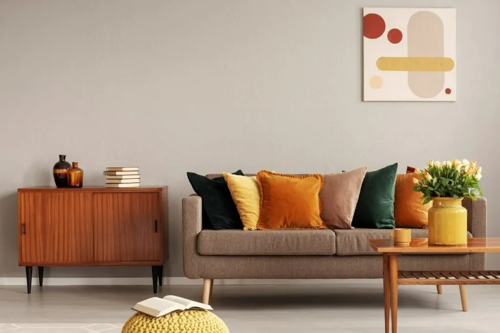 A stylish living room decorated with fall colors.