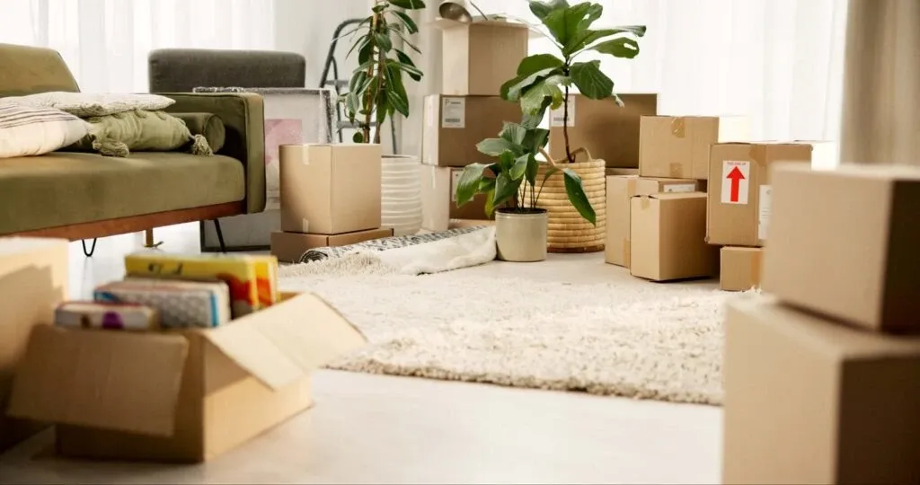 Moving boxes in a living rooms