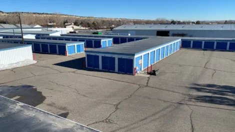 An aerial view of drive-up access units at Five Star Storage in Billings, MT.