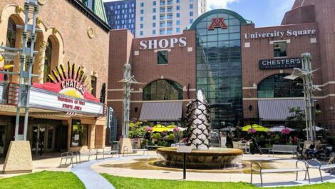 University Square shops in Rochester with a public park plaza with theater, fountain, restaurants.