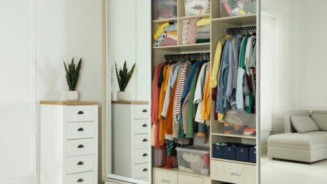 View of an organized closet with hanging clothes and tubs of items.