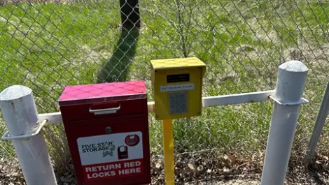 Exterior view of Five Star Storage - Marshall Ave, security gate code.